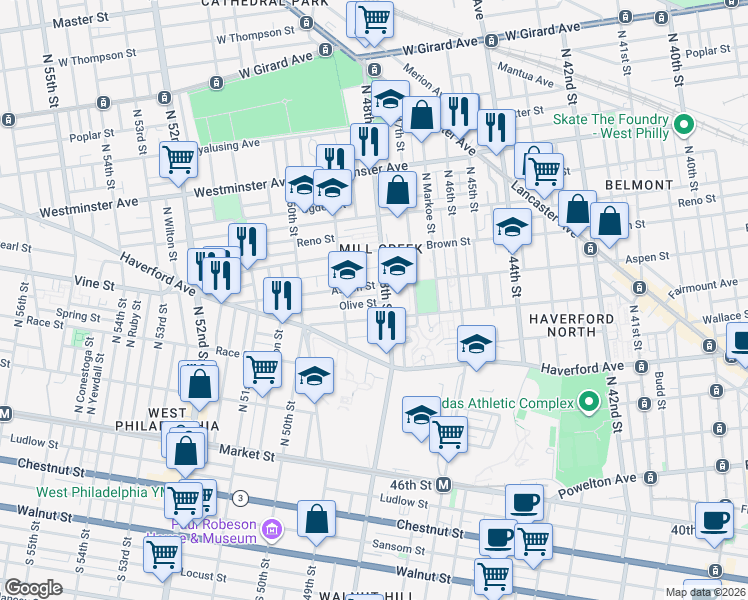map of restaurants, bars, coffee shops, grocery stores, and more near 4834 Olive Street in Philadelphia