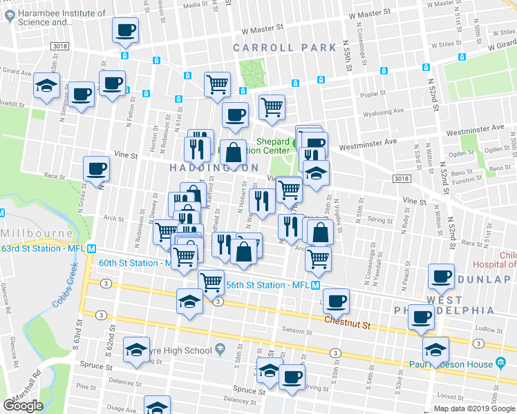 map of restaurants, bars, coffee shops, grocery stores, and more near 5820 Race Street in Philadelphia