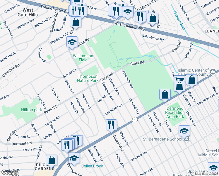 map of restaurants, bars, coffee shops, grocery stores, and more near 204 Lexington Avenue in Havertown