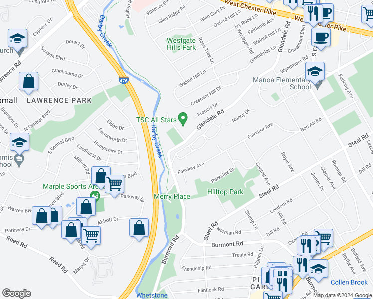 map of restaurants, bars, coffee shops, grocery stores, and more near 1434 Fairview Avenue in Havertown