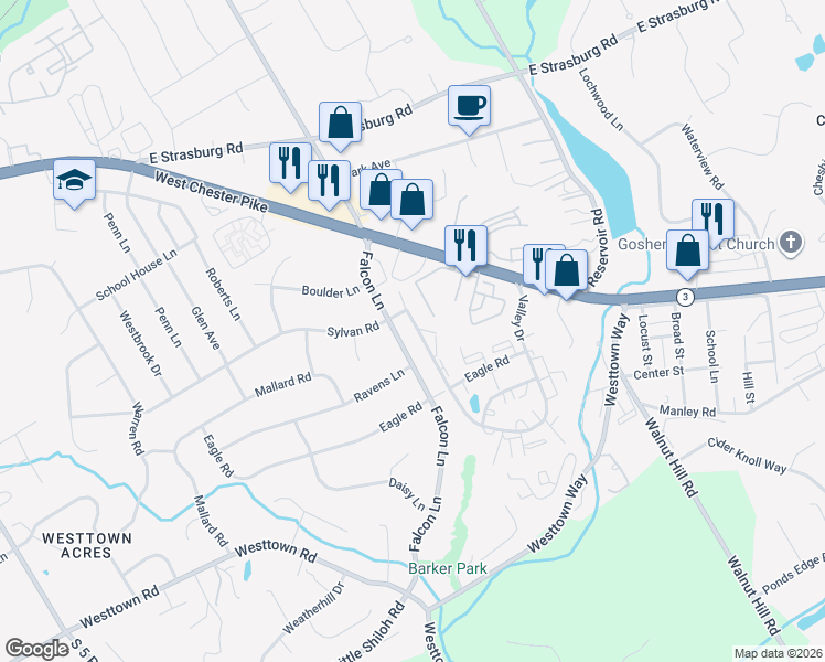 map of restaurants, bars, coffee shops, grocery stores, and more near 3224 Valley Drive in West Chester