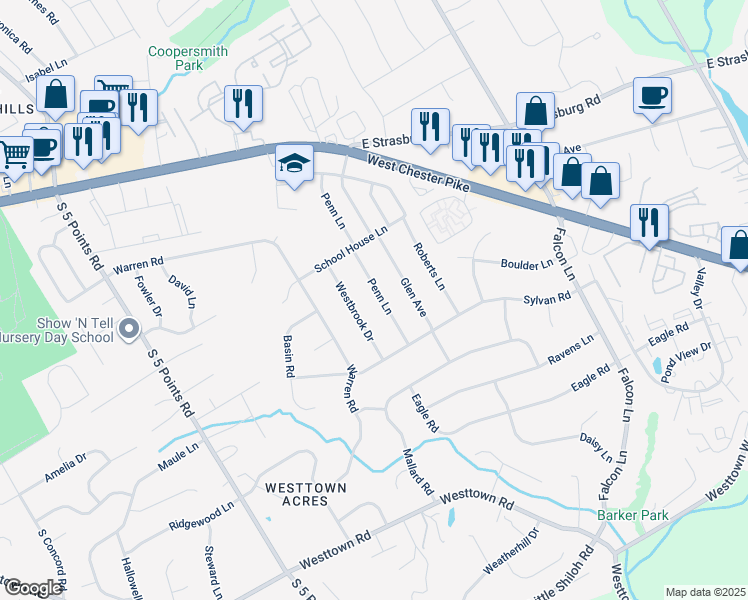 map of restaurants, bars, coffee shops, grocery stores, and more near 310 Penn Lane in West Chester