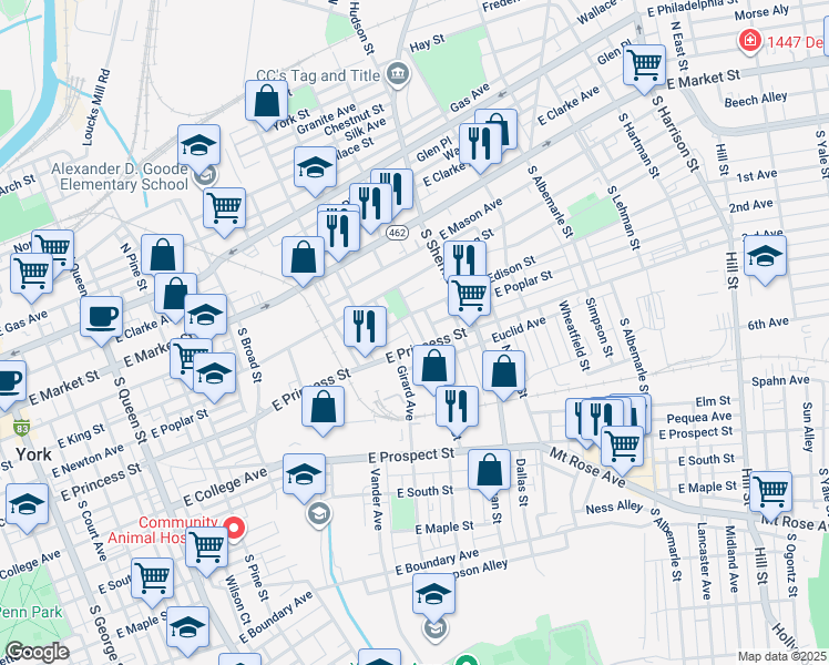 map of restaurants, bars, coffee shops, grocery stores, and more near 218 Pattison Street in York