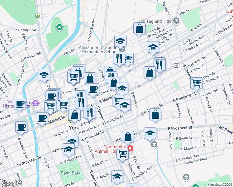 map of restaurants, bars, coffee shops, grocery stores, and more near 332 Lincoln Highway in York