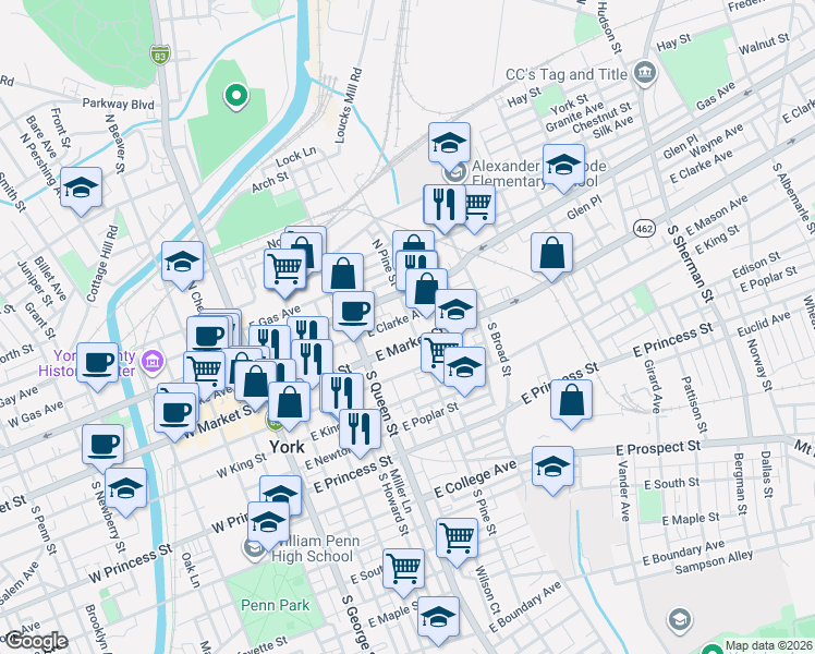 map of restaurants, bars, coffee shops, grocery stores, and more near 267 East Market Street in York