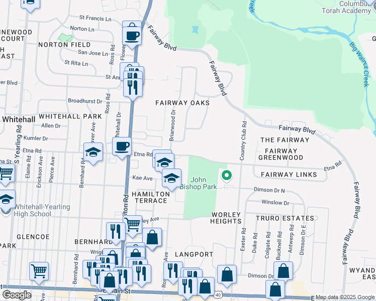 map of restaurants, bars, coffee shops, grocery stores, and more near 4792 Etna Road in Whitehall
