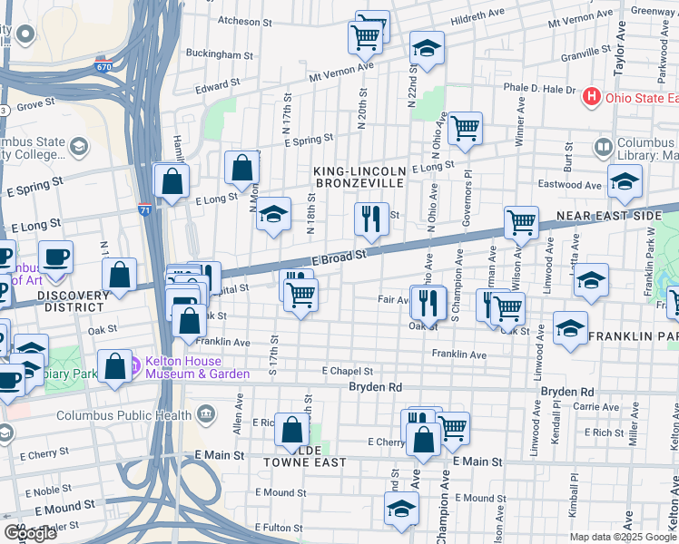 map of restaurants, bars, coffee shops, grocery stores, and more near 995 East Broad Street in Columbus