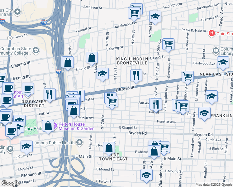map of restaurants, bars, coffee shops, grocery stores, and more near 935 East Broad Street in Columbus
