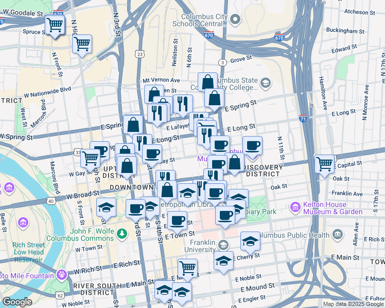 map of restaurants, bars, coffee shops, grocery stores, and more near 278 1/2 East Gay Street in Columbus