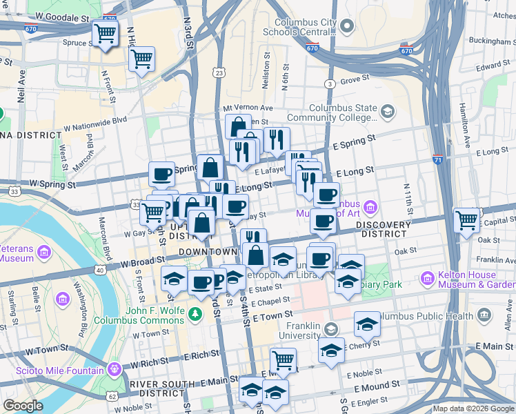map of restaurants, bars, coffee shops, grocery stores, and more near 53 North 5th Street in Columbus