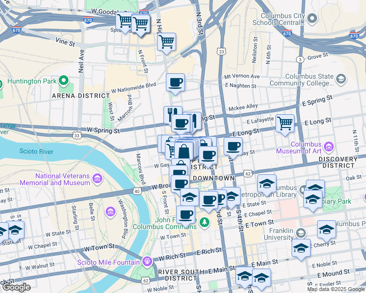 map of restaurants, bars, coffee shops, grocery stores, and more near in Columbus