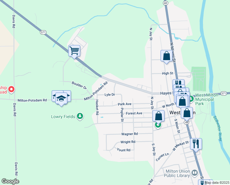 map of restaurants, bars, coffee shops, grocery stores, and more near 50 Teri Drive in West Milton