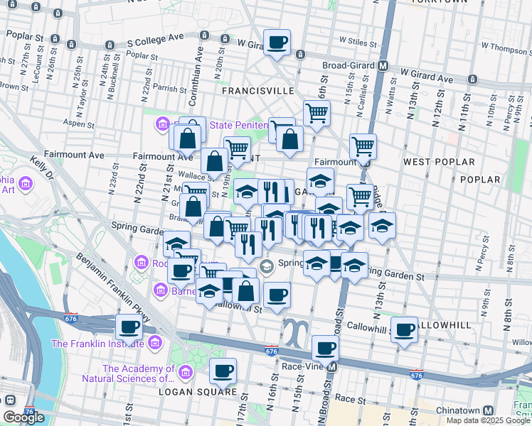 map of restaurants, bars, coffee shops, grocery stores, and more near 1705 Green Street in Philadelphia