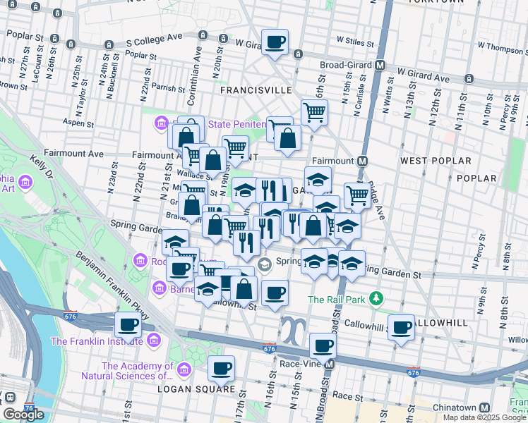 map of restaurants, bars, coffee shops, grocery stores, and more near 1705 Green Street in Philadelphia