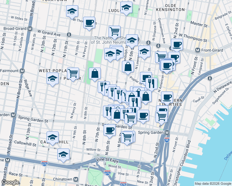 map of restaurants, bars, coffee shops, grocery stores, and more near in Philadelphia