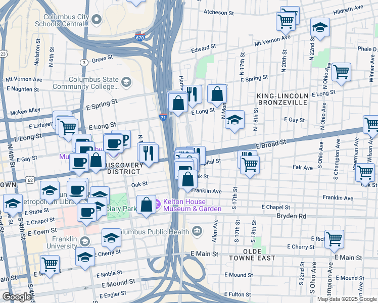 map of restaurants, bars, coffee shops, grocery stores, and more near 720 East Broad Street in Columbus