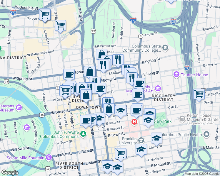 map of restaurants, bars, coffee shops, grocery stores, and more near 53 North 5th Street in Columbus