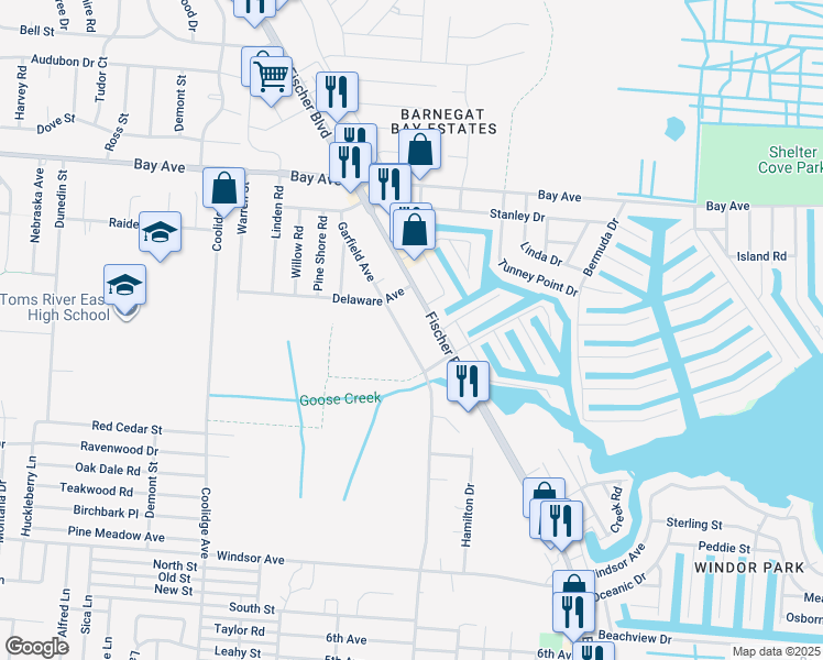 map of restaurants, bars, coffee shops, grocery stores, and more near 736 Garfield Avenue in Toms River