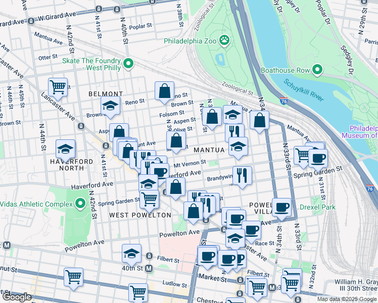 map of restaurants, bars, coffee shops, grocery stores, and more near 3817 Wallace Street in Philadelphia