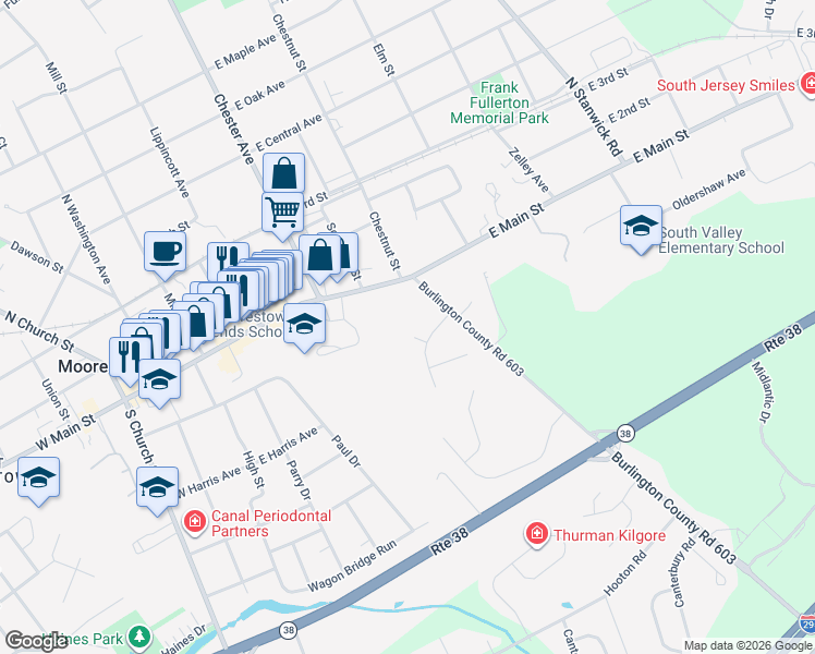 map of restaurants, bars, coffee shops, grocery stores, and more near 213 Laurence Court in Moorestown