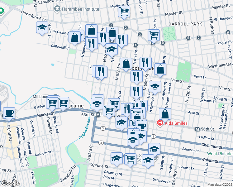 map of restaurants, bars, coffee shops, grocery stores, and more near 131 North 62nd Street in Philadelphia