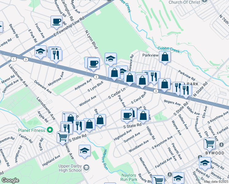 map of restaurants, bars, coffee shops, grocery stores, and more near 203 South Cedar Lane in Delaware County