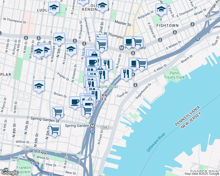 map of restaurants, bars, coffee shops, grocery stores, and more near 1094 North Front Street in Philadelphia