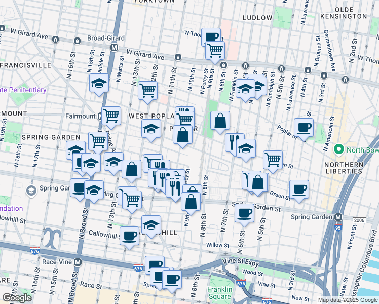 map of restaurants, bars, coffee shops, grocery stores, and more near 910-20 Fairmount Avenue in Philadelphia
