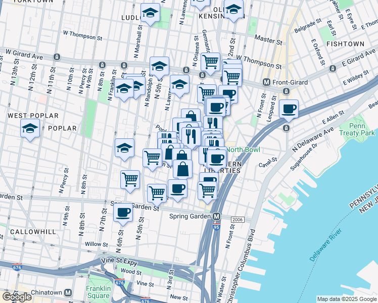 map of restaurants, bars, coffee shops, grocery stores, and more near 850 North 3rd Street in Philadelphia