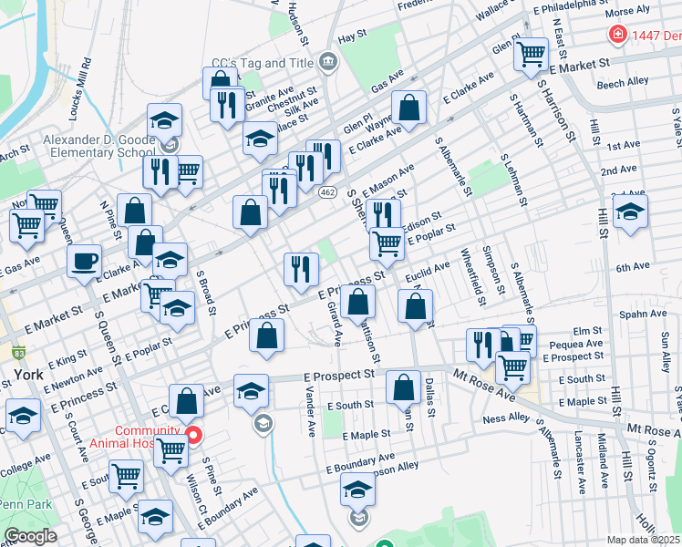 map of restaurants, bars, coffee shops, grocery stores, and more near 218 Pattison Street in York