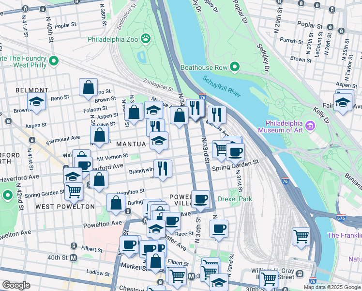 map of restaurants, bars, coffee shops, grocery stores, and more near 3419 Mount Vernon Street in Philadelphia