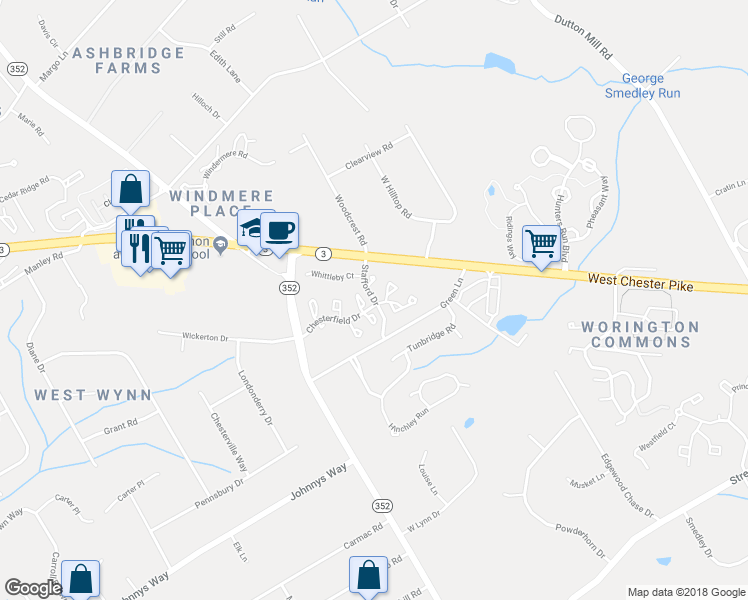 map of restaurants, bars, coffee shops, grocery stores, and more near Stafford Drive in West Chester