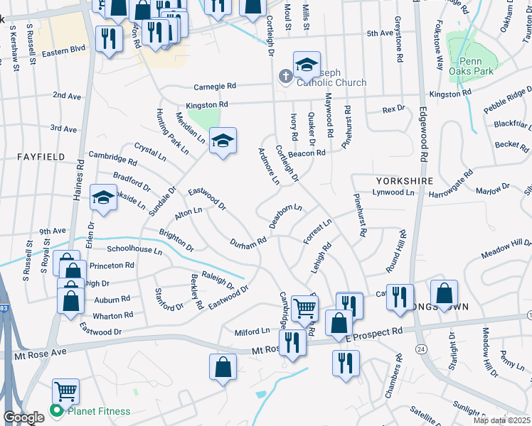 map of restaurants, bars, coffee shops, grocery stores, and more near 2920 Broxton Lane in York