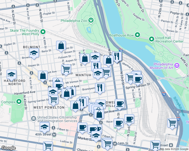 map of restaurants, bars, coffee shops, grocery stores, and more near 3616 Wallace Street in Philadelphia