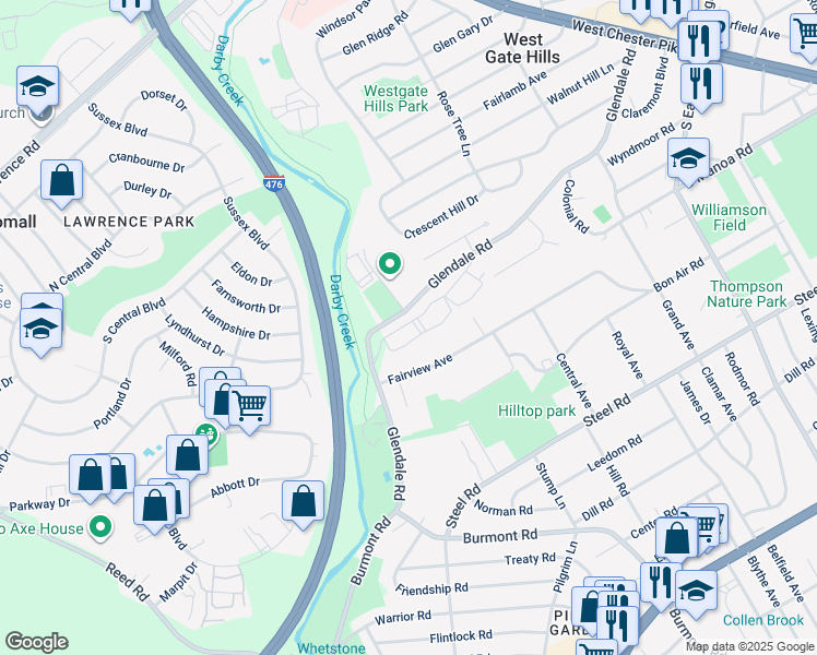 map of restaurants, bars, coffee shops, grocery stores, and more near 400 Glendale Road in Havertown