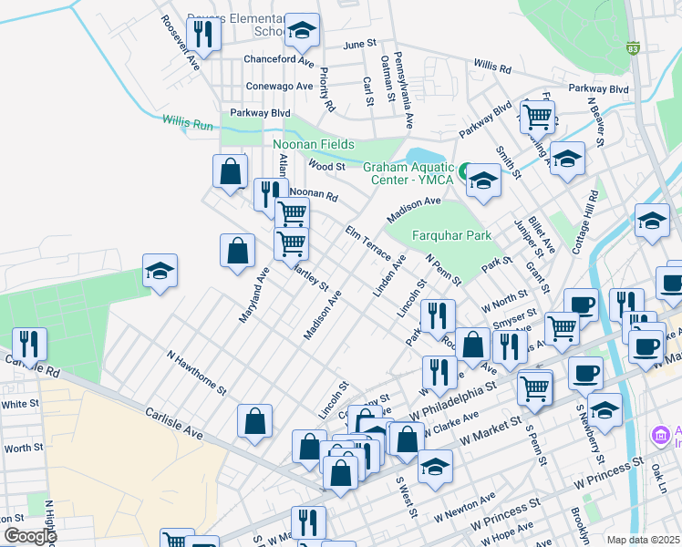 map of restaurants, bars, coffee shops, grocery stores, and more near 475 Madison Avenue in York