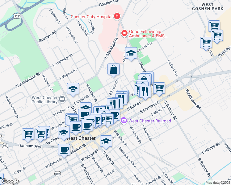 map of restaurants, bars, coffee shops, grocery stores, and more near 300 East Evans Street in West Chester