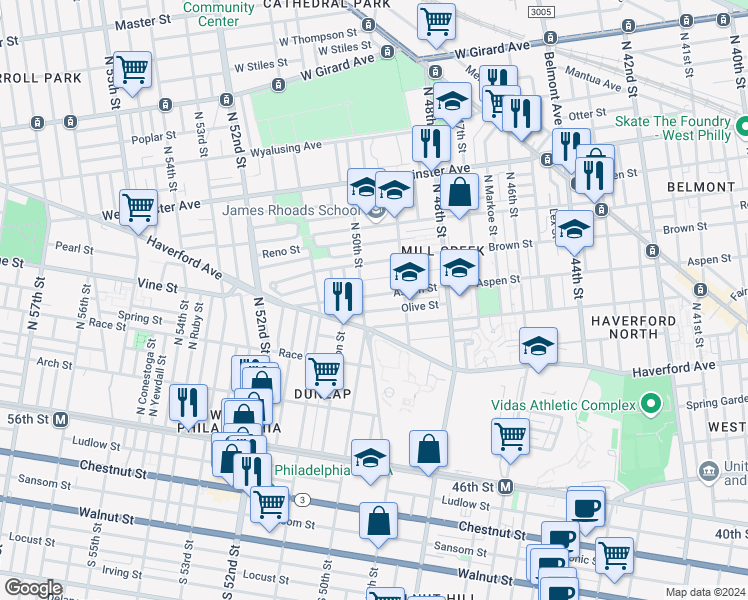 map of restaurants, bars, coffee shops, grocery stores, and more near 4944 Aspen Street in Philadelphia