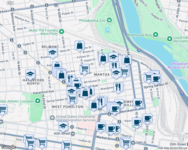 map of restaurants, bars, coffee shops, grocery stores, and more near 3803 Wallace Street in Philadelphia