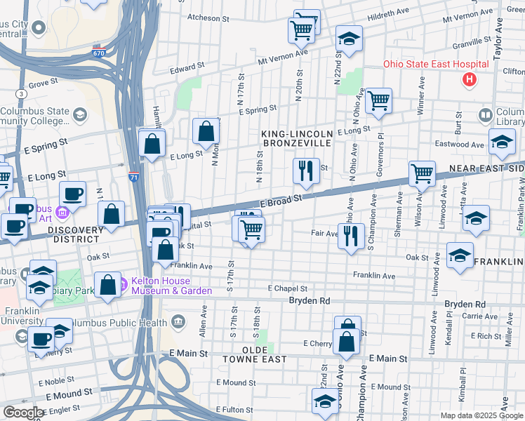 map of restaurants, bars, coffee shops, grocery stores, and more near 935 East Broad Street in Columbus