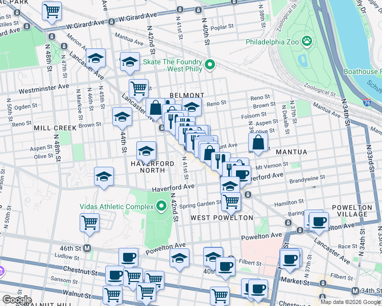 map of restaurants, bars, coffee shops, grocery stores, and more near 675 North 41st Street in Philadelphia