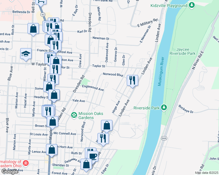 map of restaurants, bars, coffee shops, grocery stores, and more near 2004 Normandy Circle in Zanesville