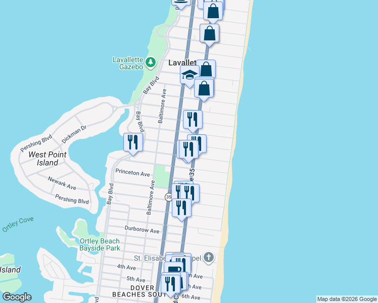map of restaurants, bars, coffee shops, grocery stores, and more near 1806 Grand Central Avenue in Lavallette