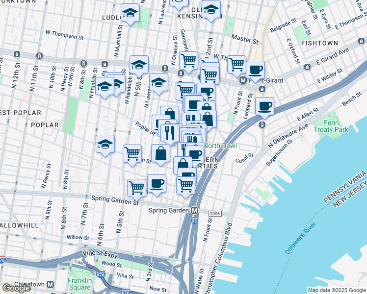 map of restaurants, bars, coffee shops, grocery stores, and more near 907 North American Street in Philadelphia