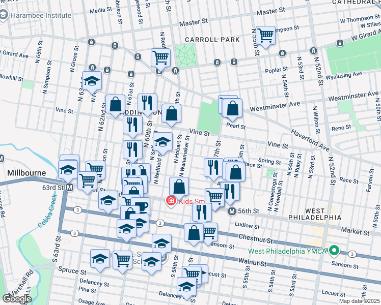 map of restaurants, bars, coffee shops, grocery stores, and more near 202 North 58th Street in Philadelphia
