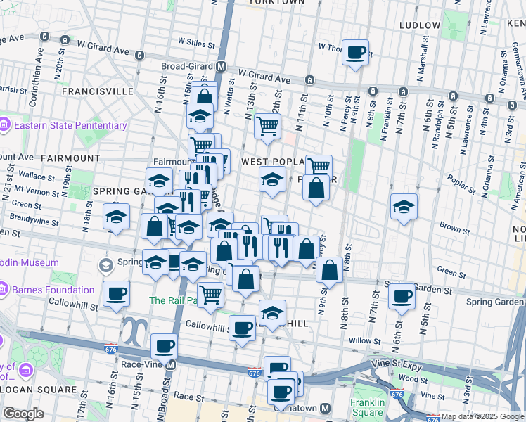 map of restaurants, bars, coffee shops, grocery stores, and more near 655 North 12th Street in Philadelphia