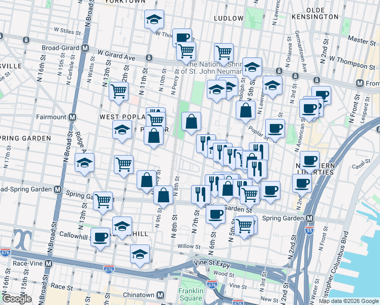 map of restaurants, bars, coffee shops, grocery stores, and more near 705-9 North Franklin Street in Philadelphia