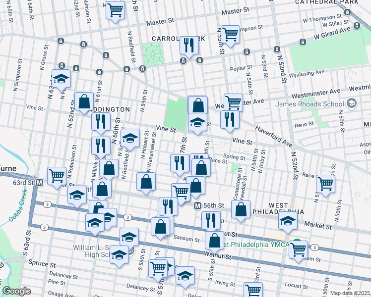 map of restaurants, bars, coffee shops, grocery stores, and more near 250 North 57th Street in Philadelphia