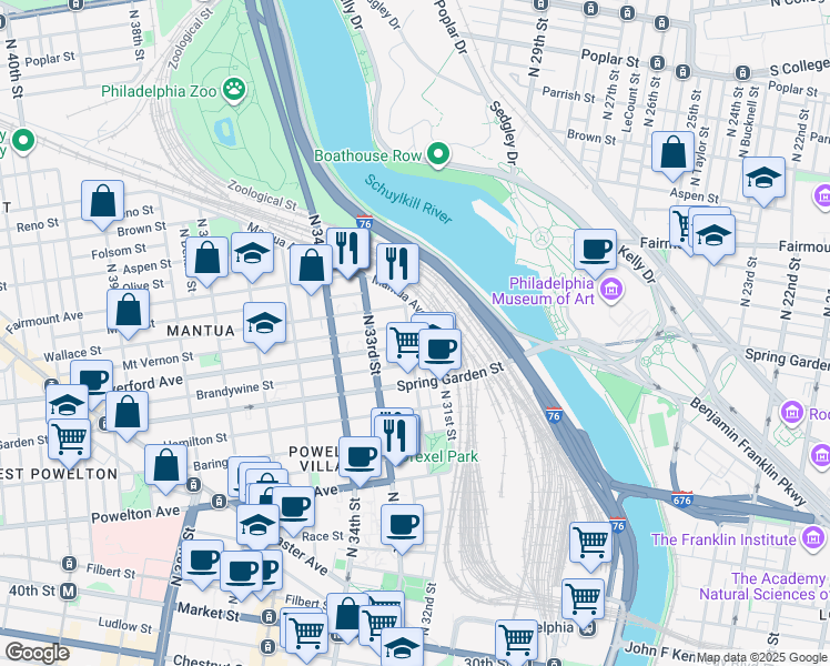 map of restaurants, bars, coffee shops, grocery stores, and more near 611 North 32nd Street in Philadelphia