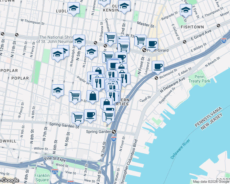 map of restaurants, bars, coffee shops, grocery stores, and more near 213 Poplar Street in Philadelphia